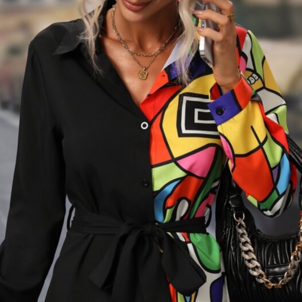Elegant Abstract Geo Pop Art Print Long Sleeve Belted Button Down Shirt Dress - Picture 9 of 12